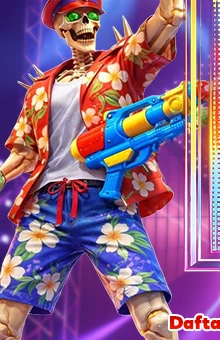 Artwork resmi 7svip: maskot kerangka DJ berkaus bunga memegang blaster air
